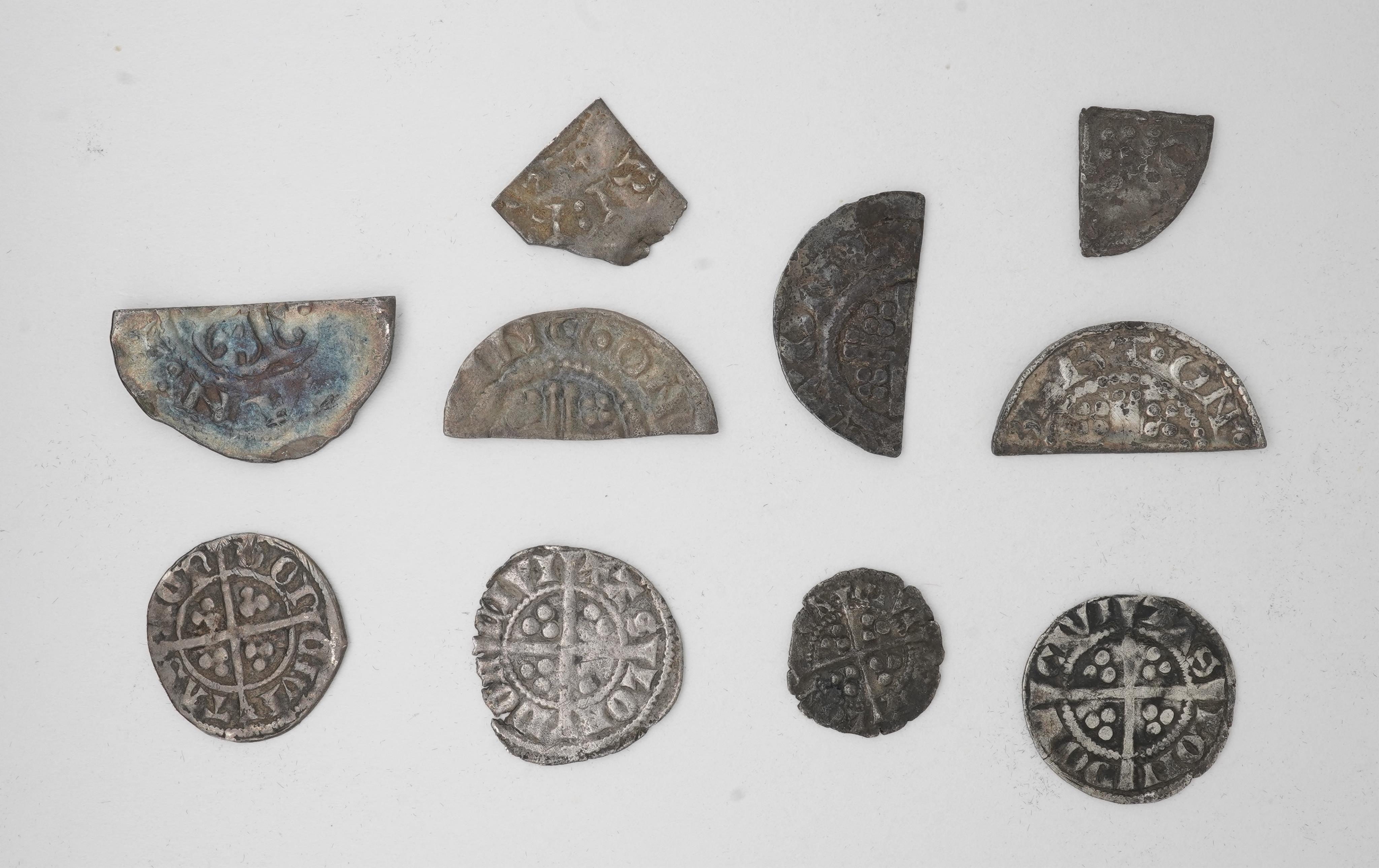 Ten British hammered coins, Norman and Plantagenet Kings;, Stephen (1135-1154), cut silver halfpenny, Watford type, 0.7 g, Henry II (1154-1189), cut silver halfpenny, Worcester, 0.6g and cut silver farthing, 0.3g, Richar